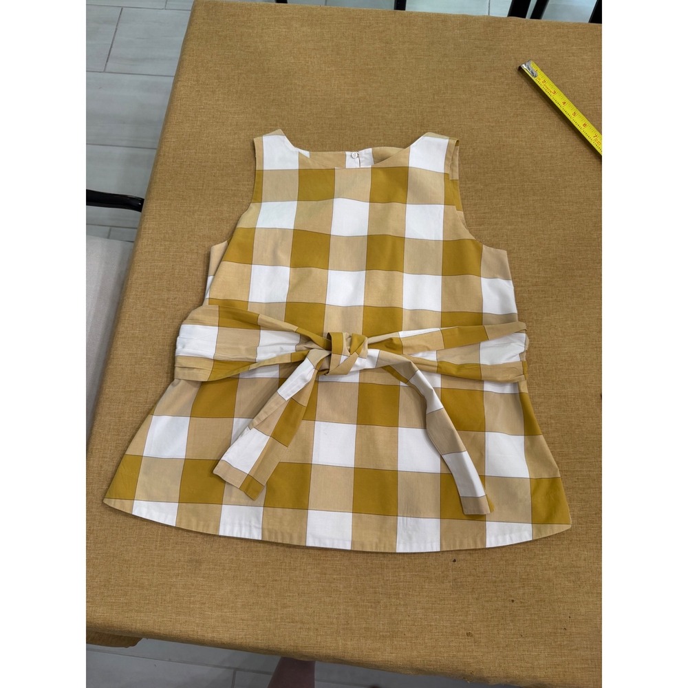 Ann Taylor Mustard Yellow Buffalo Check Tie Waist Sleeveless Peplum Top Small